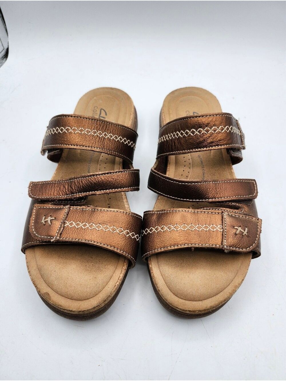 Clarks Brown Metallic Triple-Strap Slide Sandals
